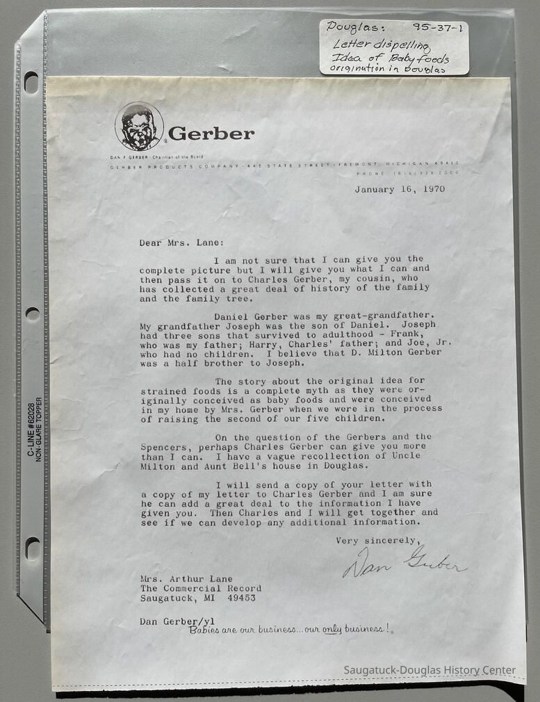 Dan Gerber letter about origins of baby food picture number 1