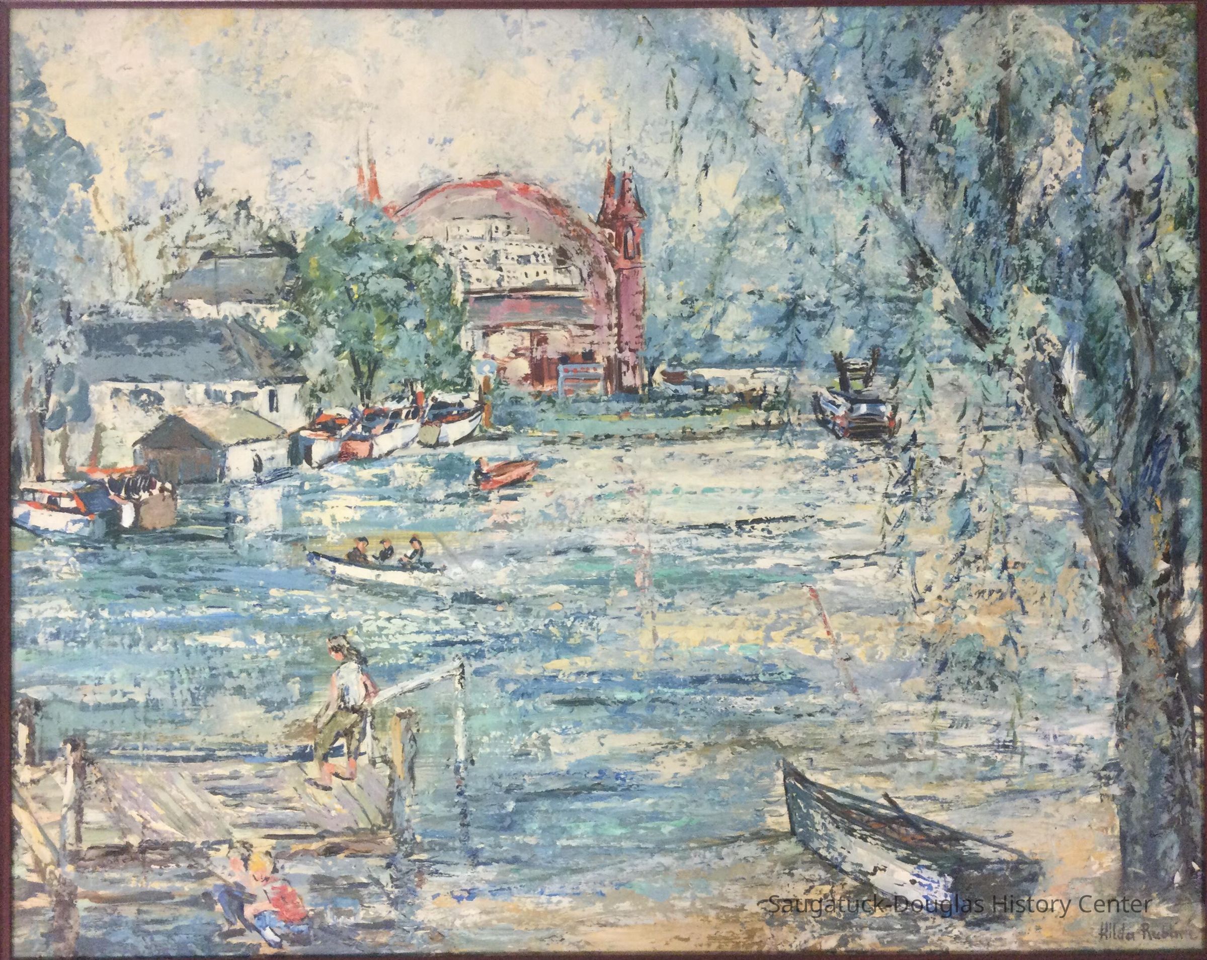          Painting of a view of the big pavilion and Kalamazoo river
   