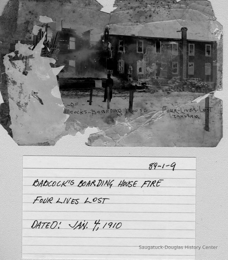          89-1-9_Babcock_s_Boarding_Hs._Fire.jpg 797KB; Babcock's Boarding House Fire, Four lives lost, January 4, 1910. Burned out remains of a two-story building covered with ice. Snow on the ground.
   