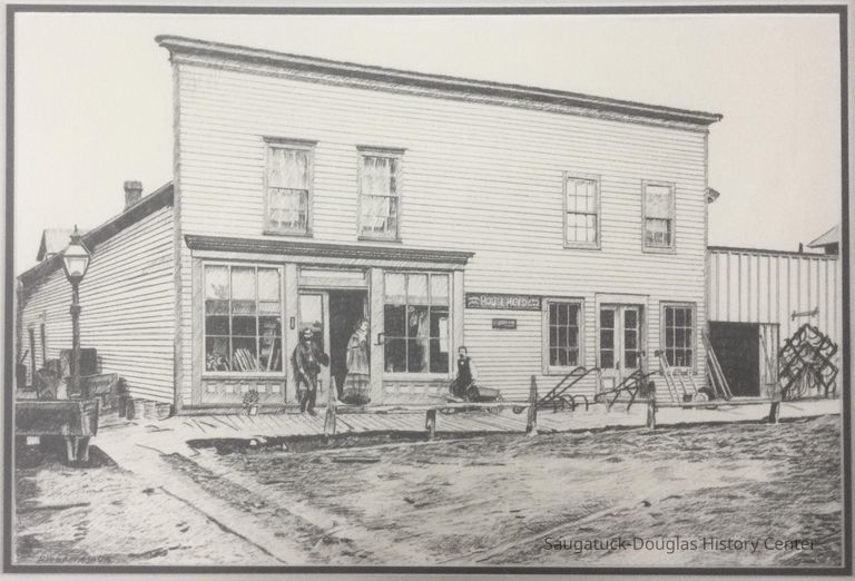          Drawing of the front of a blacksmith shop
   