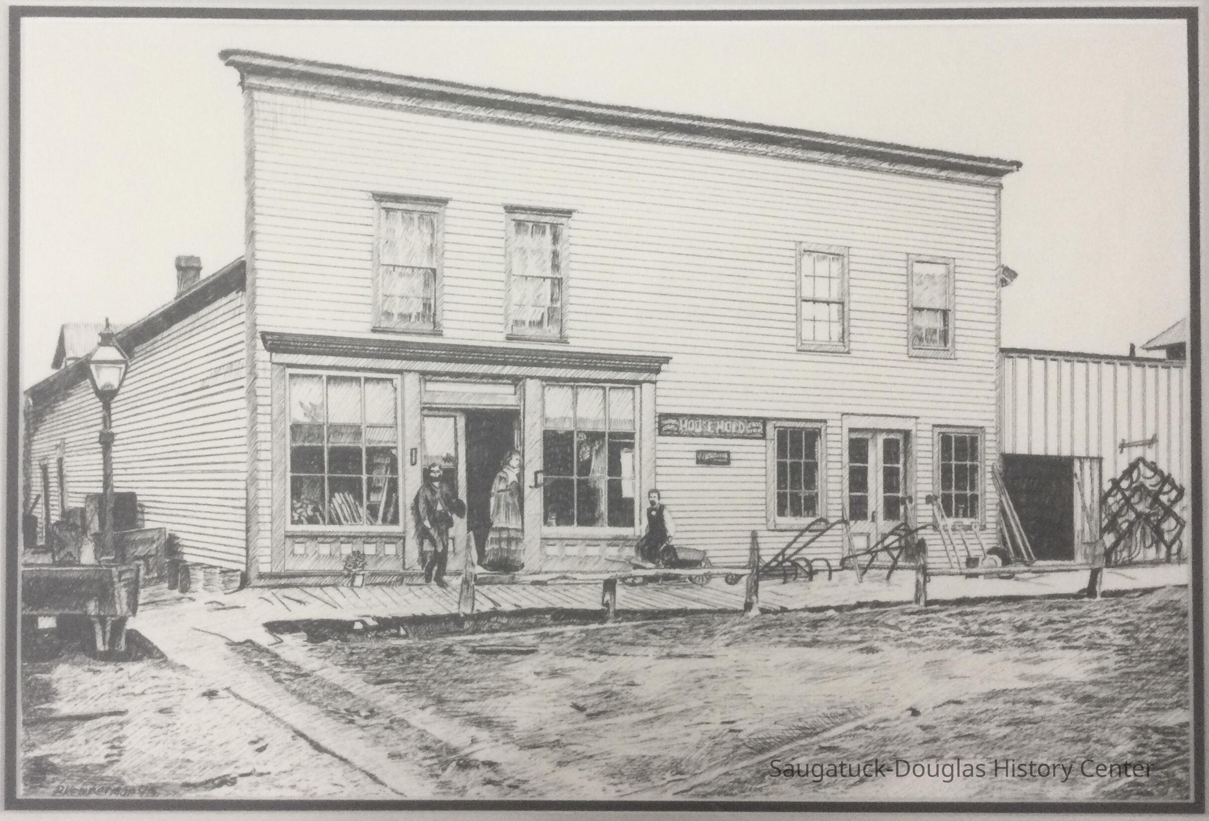          Drawing of the front of a blacksmith shop
   