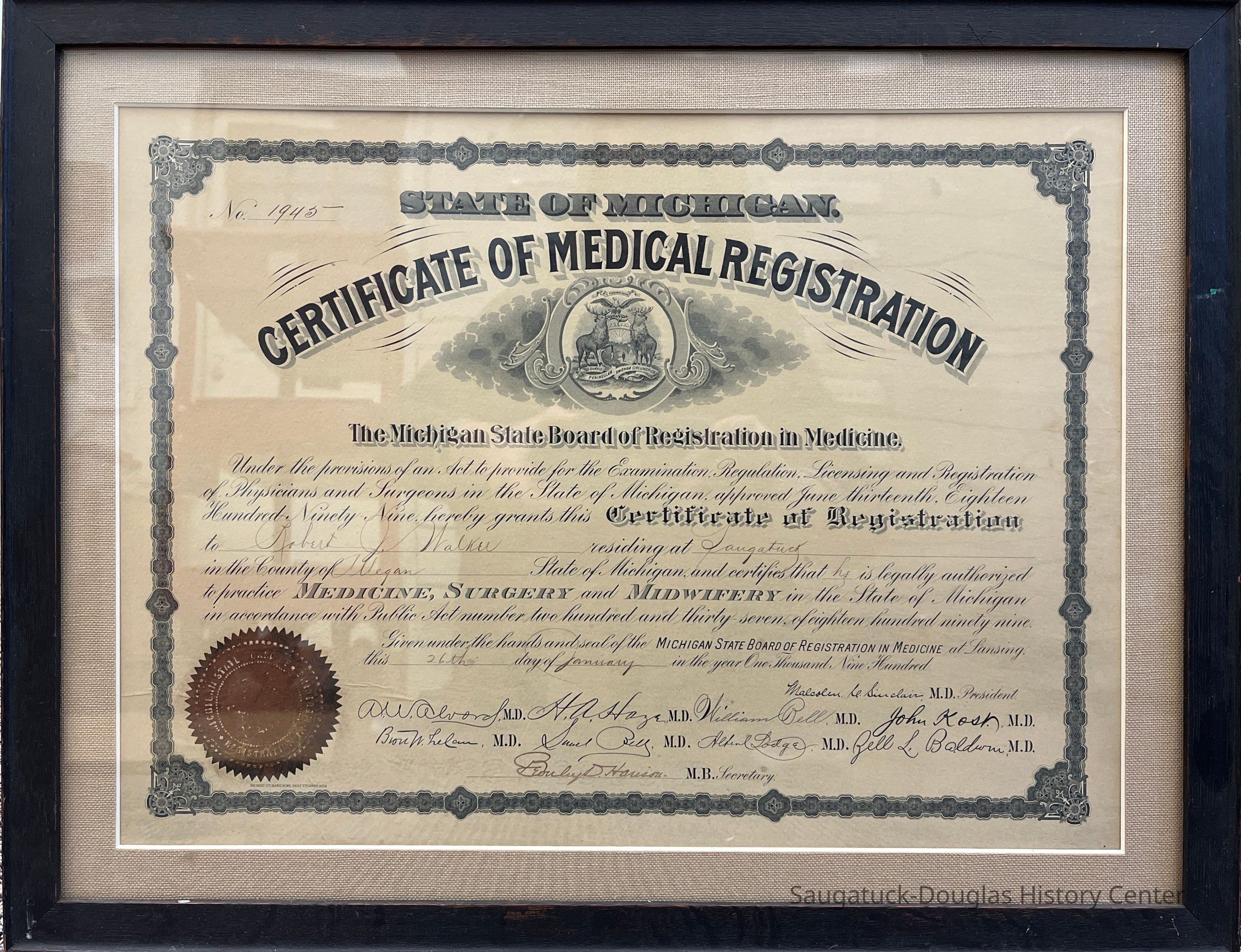          Certificate of Medical Registration of Dr. Robert J. Walker picture number 1
   