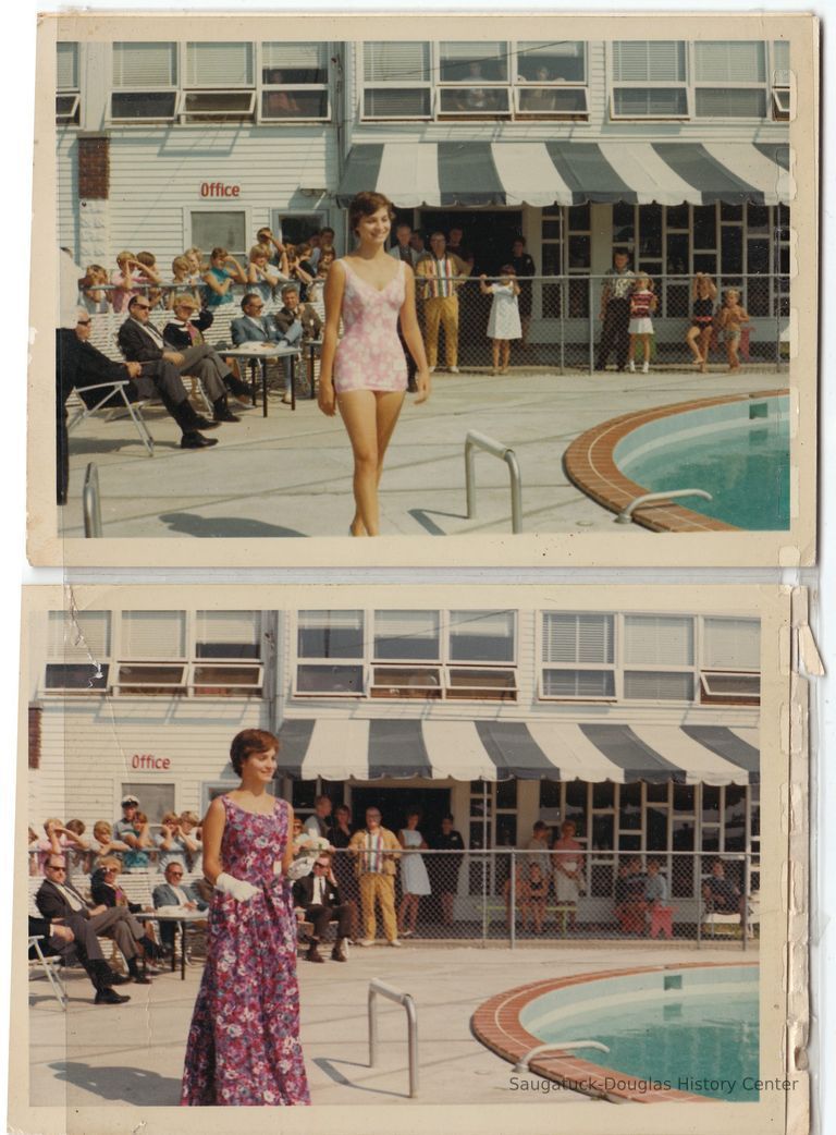          BoyceFamily1.jpg 3.6MB; One of Peggy Boyce's daughters, dressed in purple floral gown or pink floral swimsuit, competing in a Miss Saugatuck beauty contest. - Digital file from Jack Sheridan Drive 2021.72.02 -
   