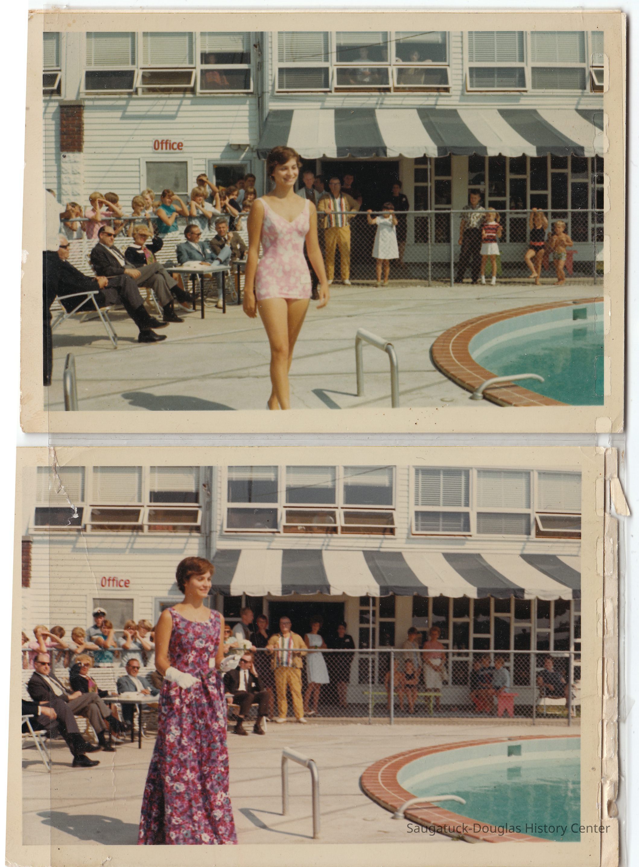 BoyceFamily1.jpg 3.6MB; One of Peggy Boyce's daughters, dressed in purple floral gown or pink floral swimsuit, competing in a Miss Saugatuck beauty contest. - Digital file from Jack Sheridan Drive 2021.72.02 -