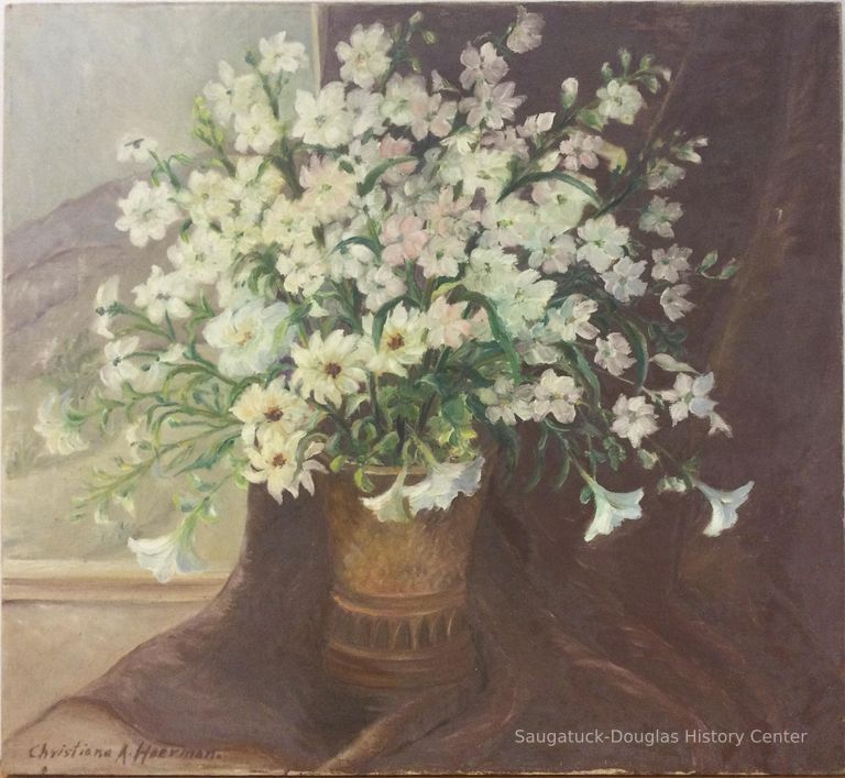          Oil painting of a bouquet of white petunias and daisies
   