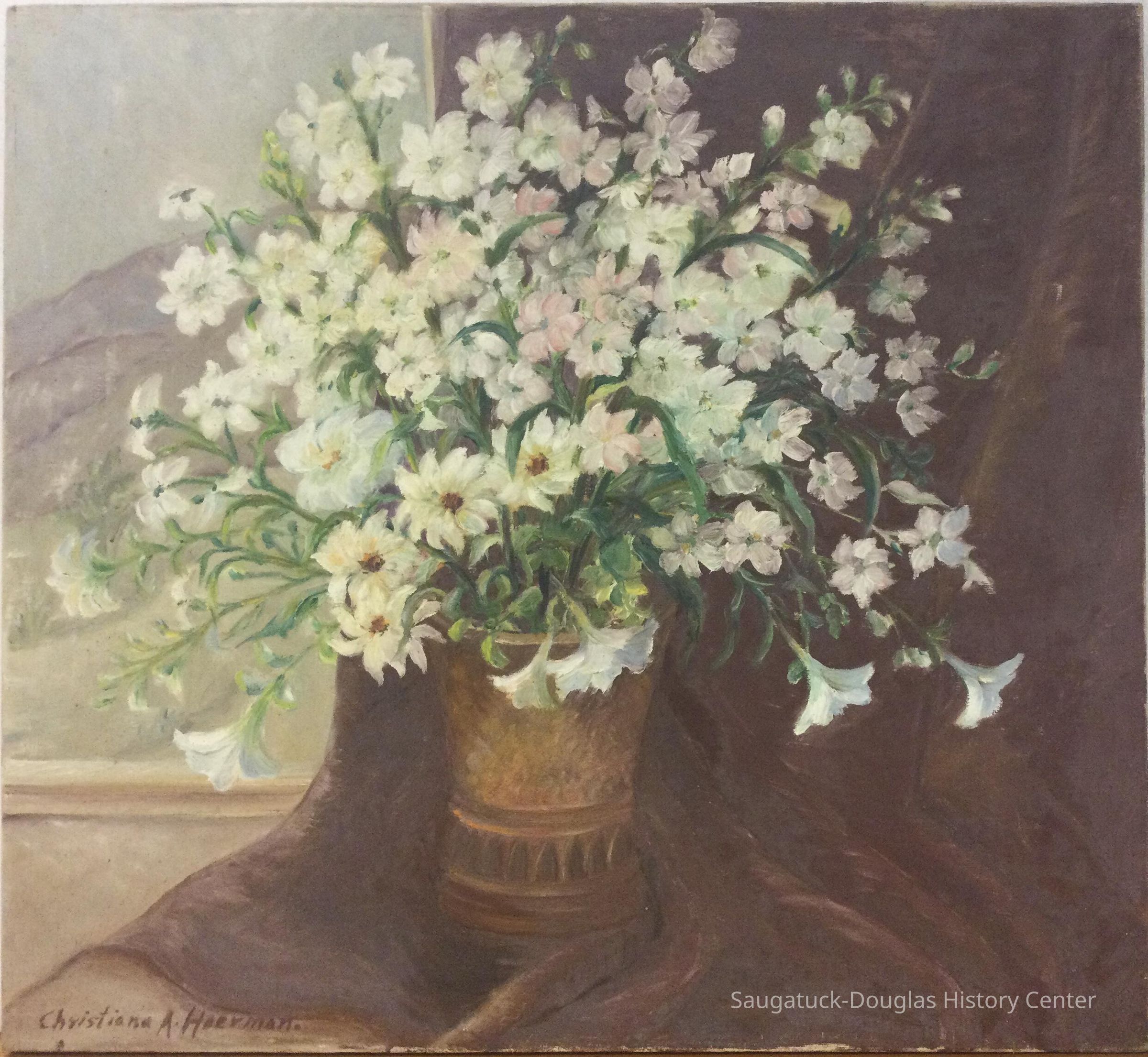 Oil painting of a bouquet of white petunias and daisies