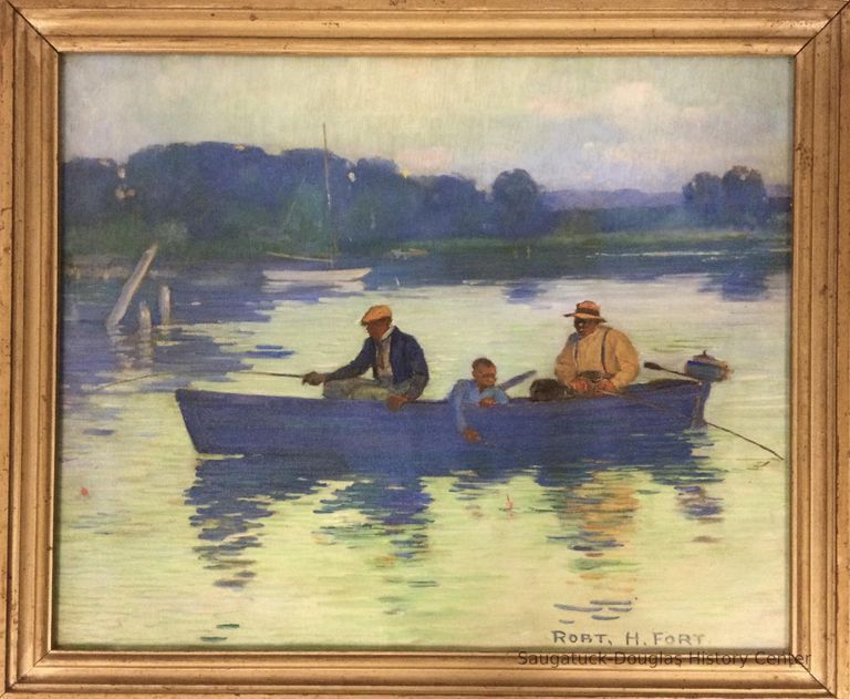          Oil painting of fishermen and a boy on a boat
   