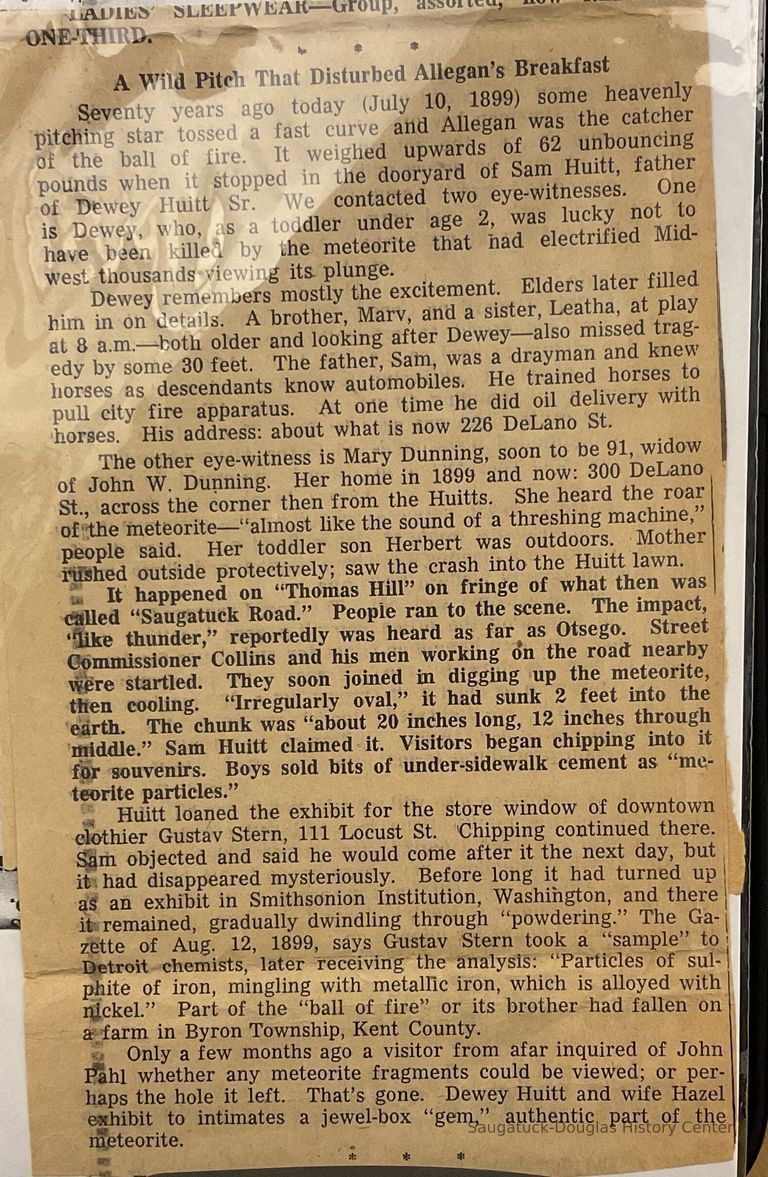          A Wild Pitch That Disturbed Allegan’s Breakfast; Allegan County News, July 10, 1969
   