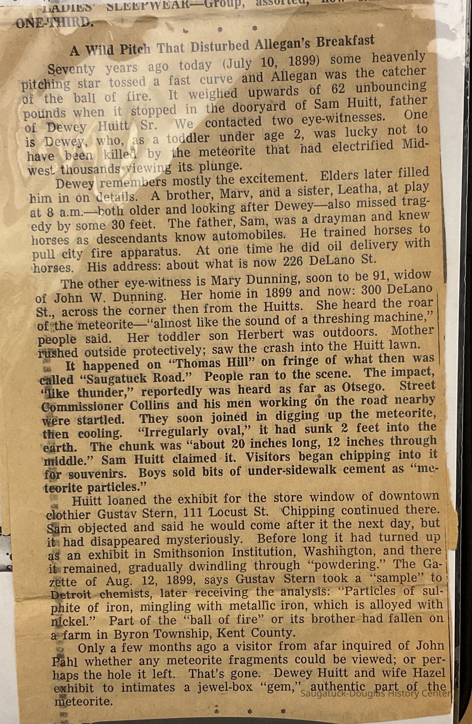 A Wild Pitch That Disturbed Allegan’s Breakfast; Allegan County News, July 10, 1969