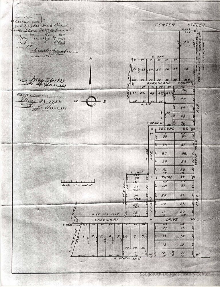          Otto-FelkerMap-12.jpg 2MB; Plat map including lots on Lakeshore Drive, Peach Avenue, May Avenue, Garandana Court, Second Street and Third Street, 1926.
   
