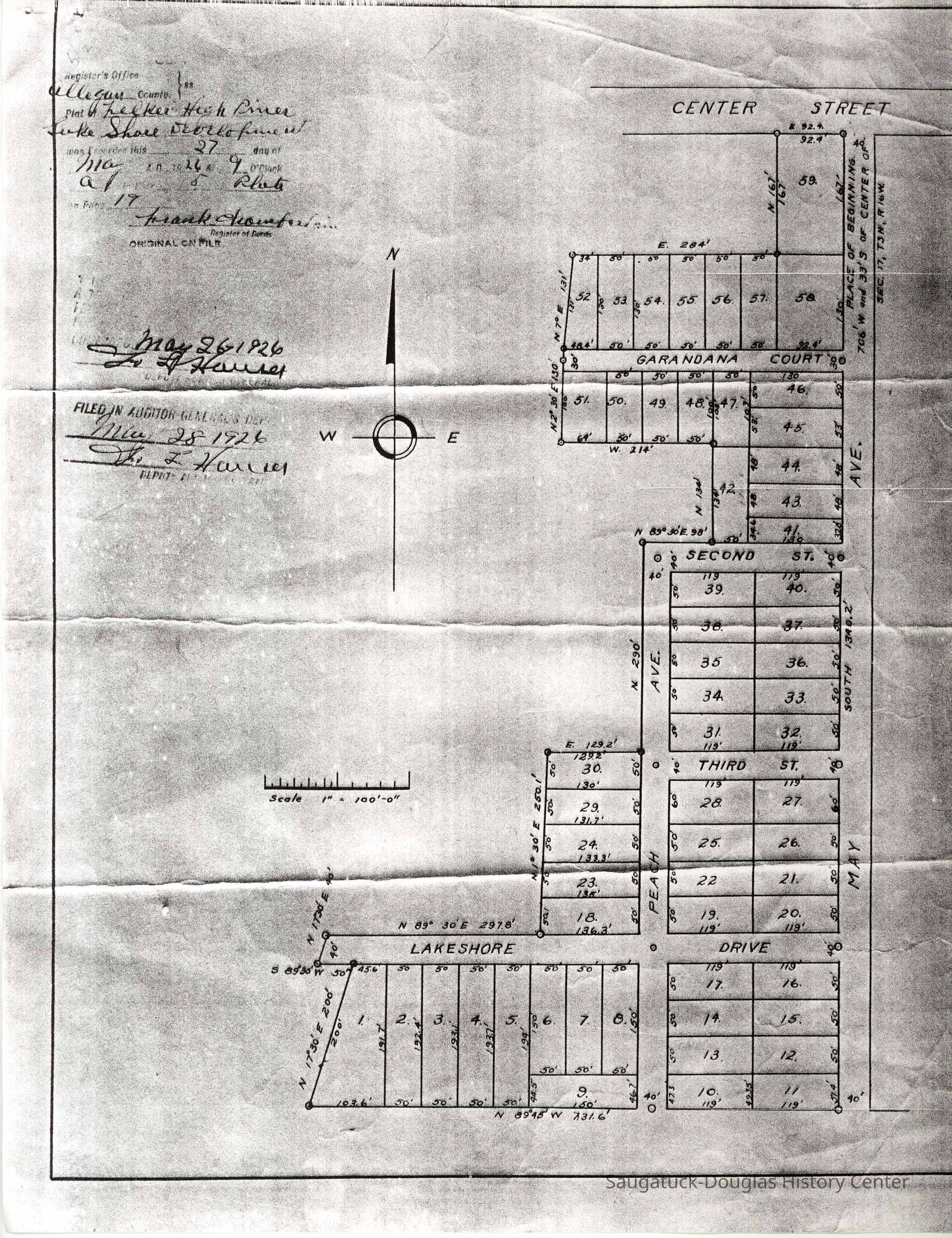          Otto-FelkerMap-12.jpg 2MB; Plat map including lots on Lakeshore Drive, Peach Avenue, May Avenue, Garandana Court, Second Street and Third Street, 1926.
   