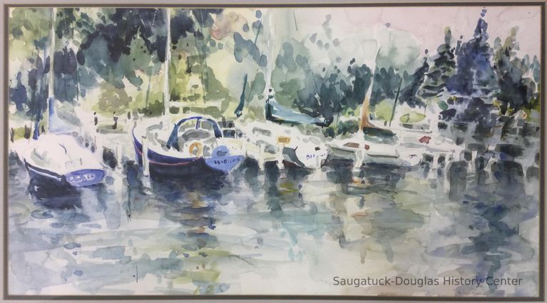          Watercolor painting of five docked boats
   