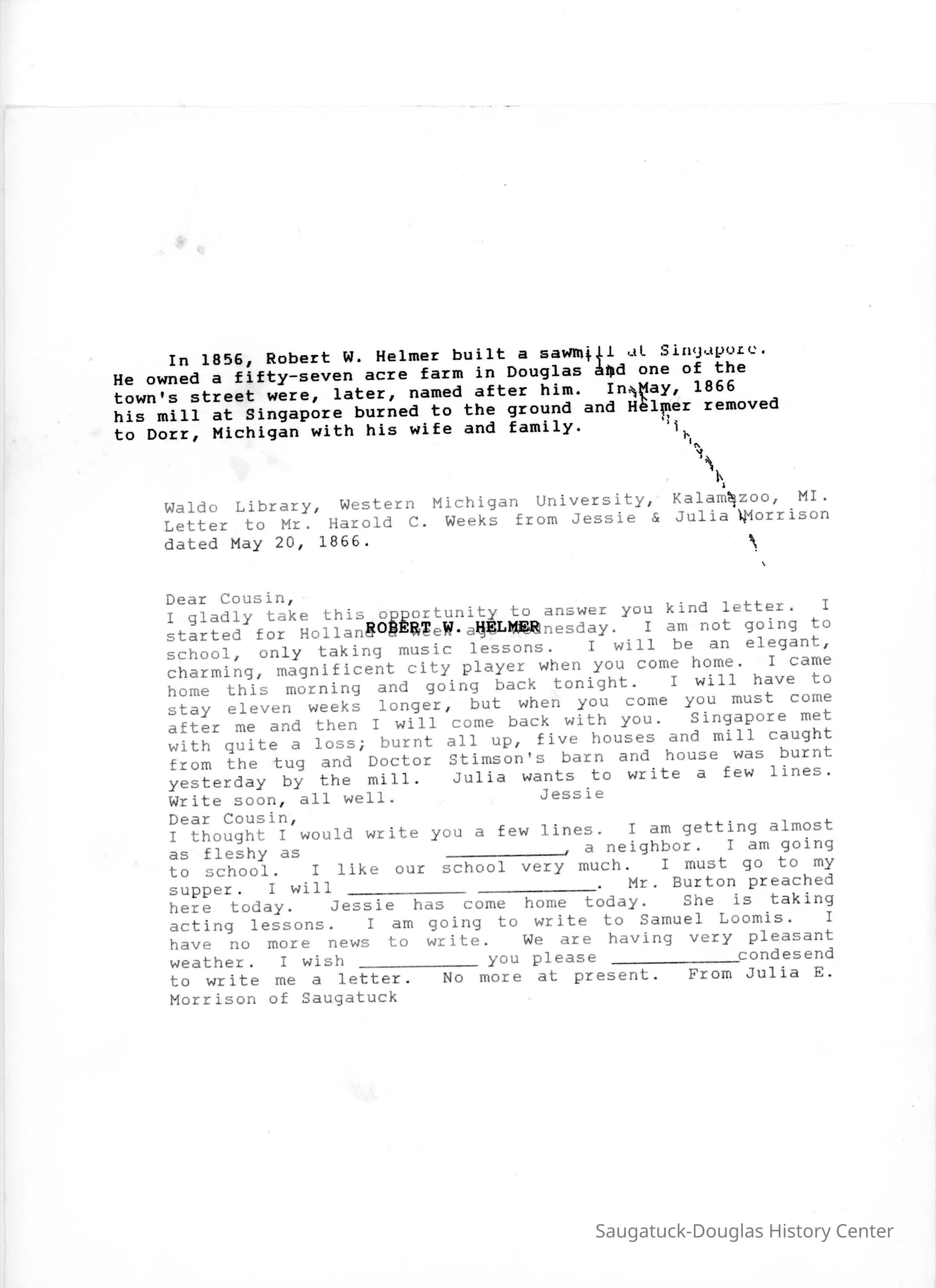 Letter from Jessie and Julia Morrison to Mr. Harold C. Weeks (1866) picture number 1