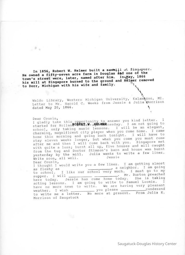          Letter from Jessie and Julia Morrison to Mr. Harold C. Weeks (1866) picture number 1
   