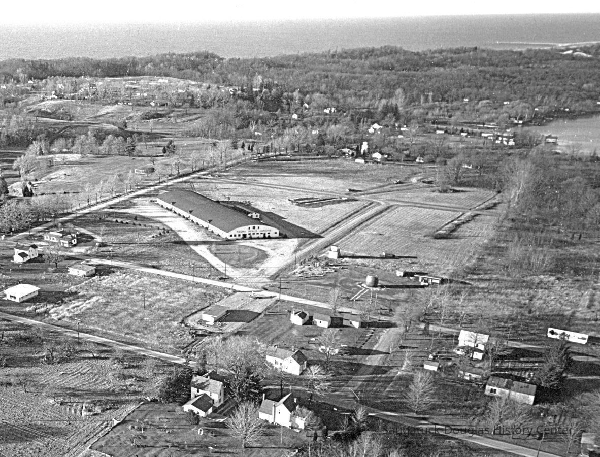 The Harding Hotel - center - was located northeast of Center and Ferry Streets in Douglas. The Terrace Park View Resort is just to the north.; HardingHotelAerialCa1955Gray.jpg 483KB - Digital file from Jack Sheridan Drive 2021.72.02