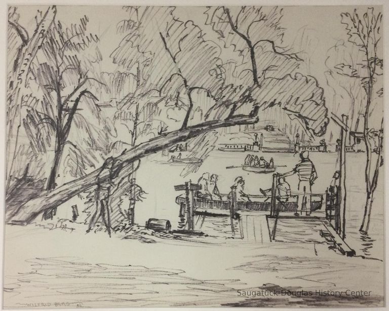          Drawing of the row boat ferry that connected the two sides of the Kalamazoo river
   