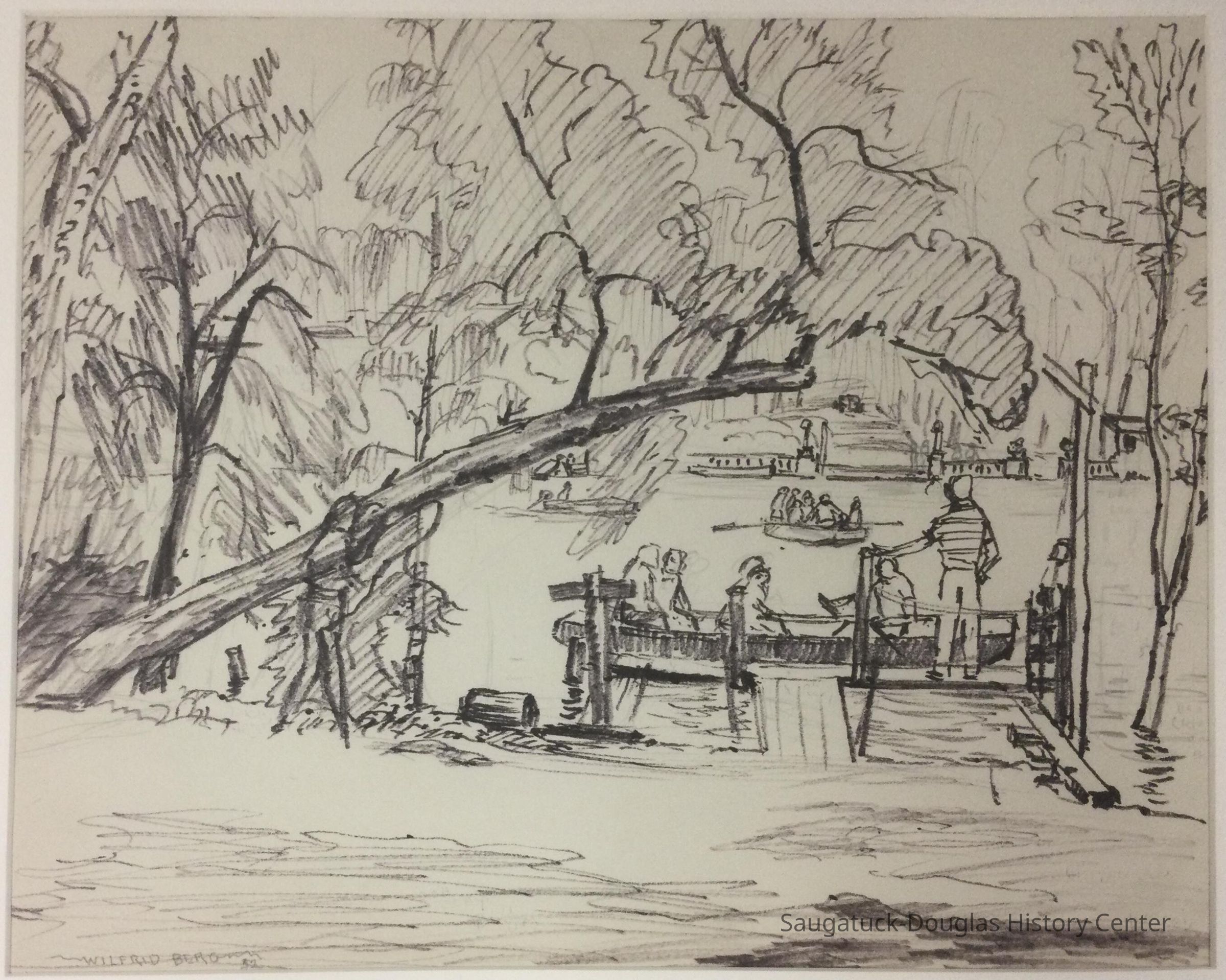 Drawing of the row boat ferry that connected the two sides of the Kalamazoo river