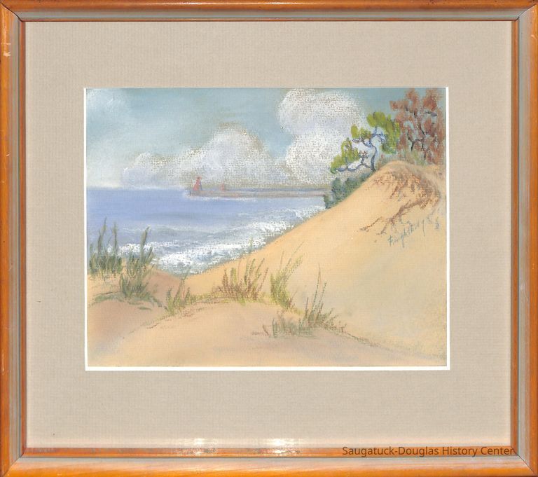          Drawing of the Lake Michigan shore and a lighthouse in the background
   