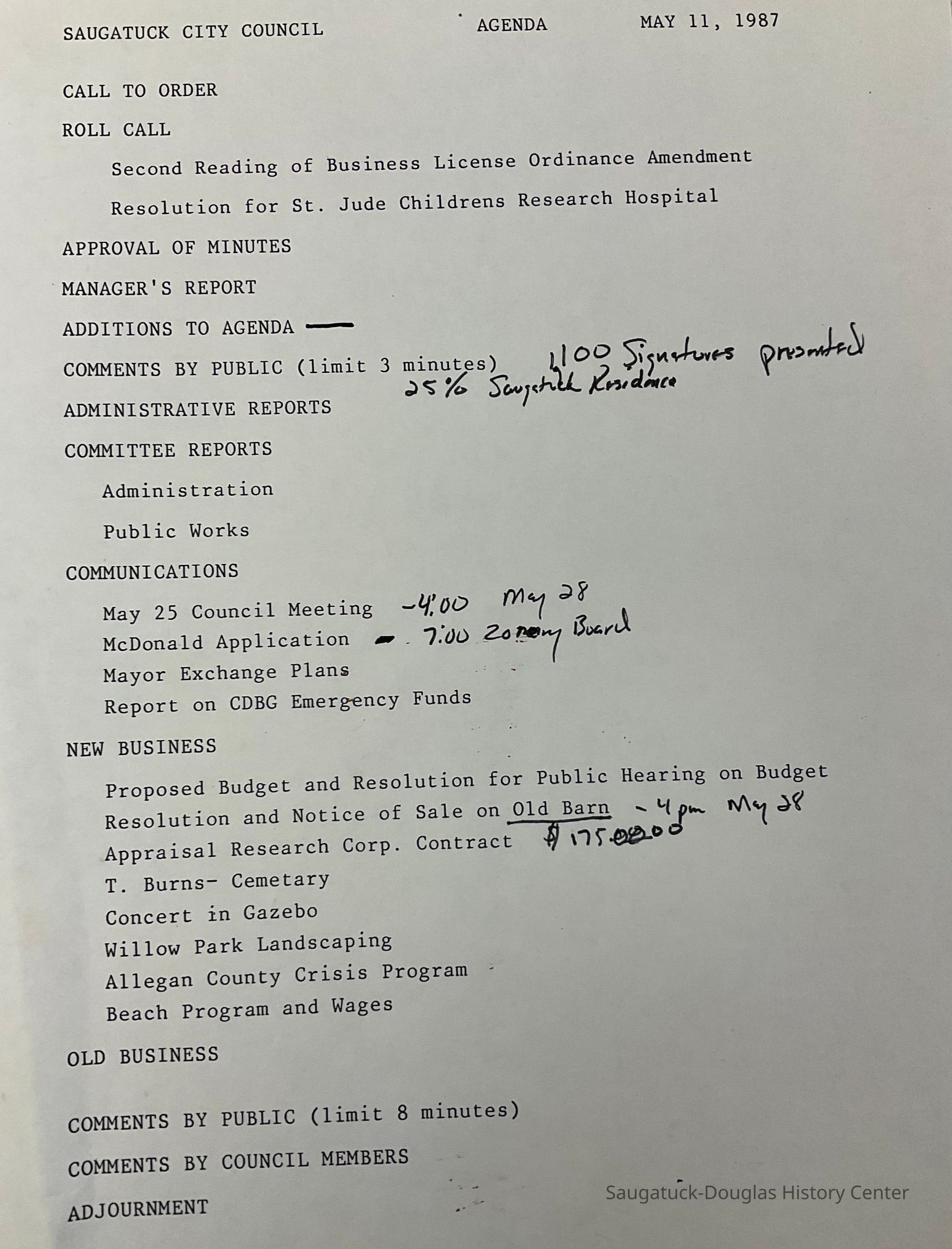          Agenda, Saugatuck City Council, 1987 picture number 1
   