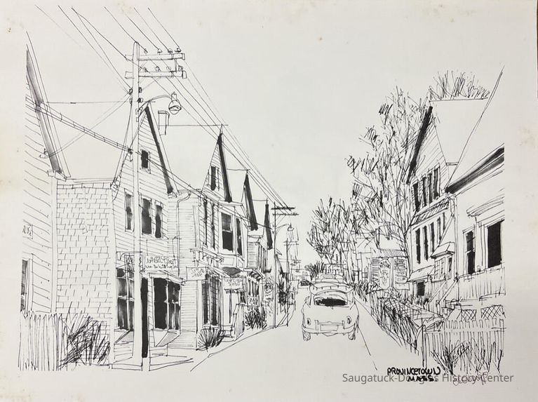          1. A lane in Provincetown, Mass with a car on the street, power lines and trees overhead.
   