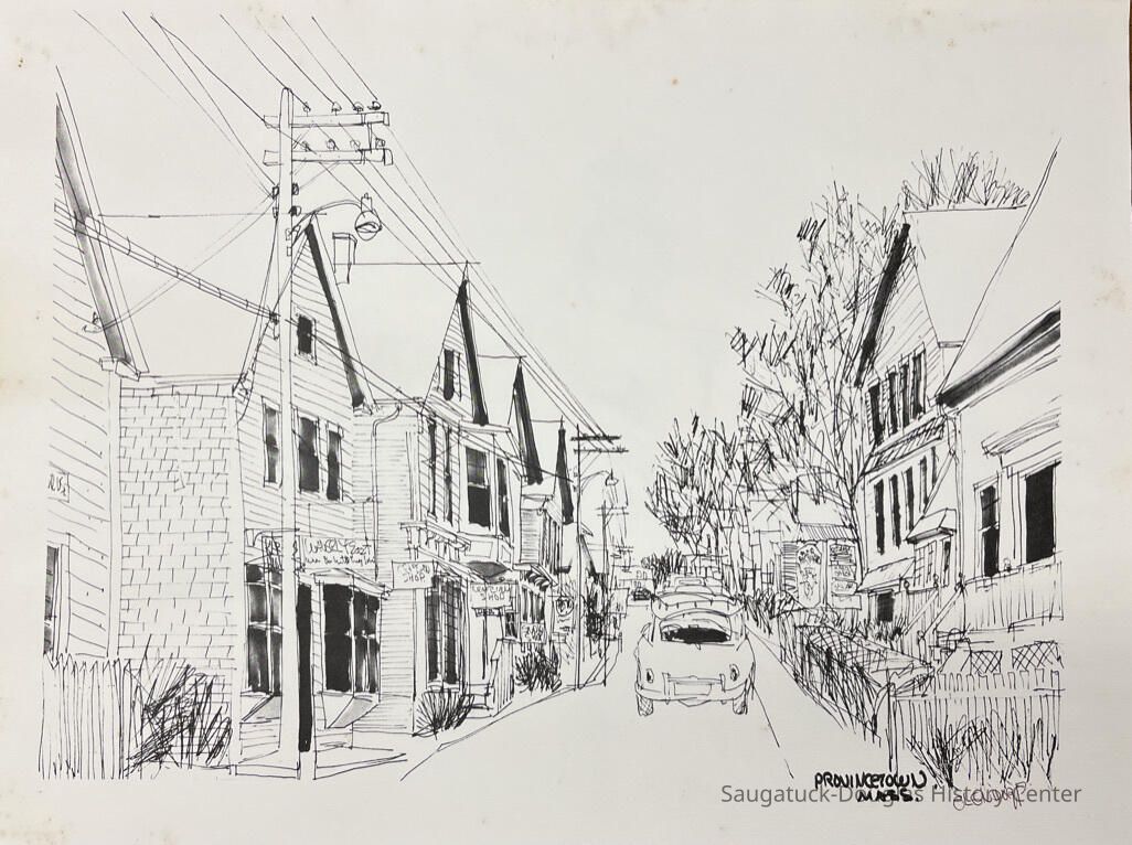          1. A lane in Provincetown, Mass with a car on the street, power lines and trees overhead.
   