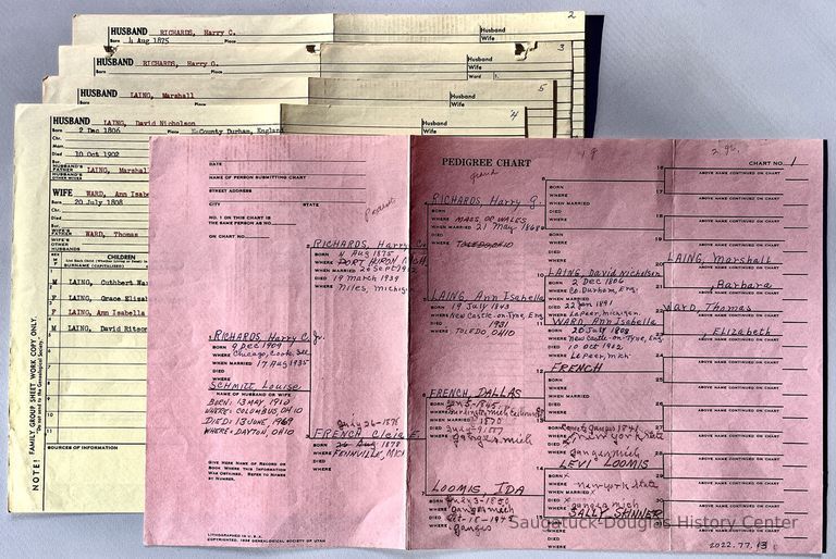          Genealogical pedigree chart for Harry C. Richards, Jr. and family group work sheets for Richards, French, Laing, Ward spouses.
   