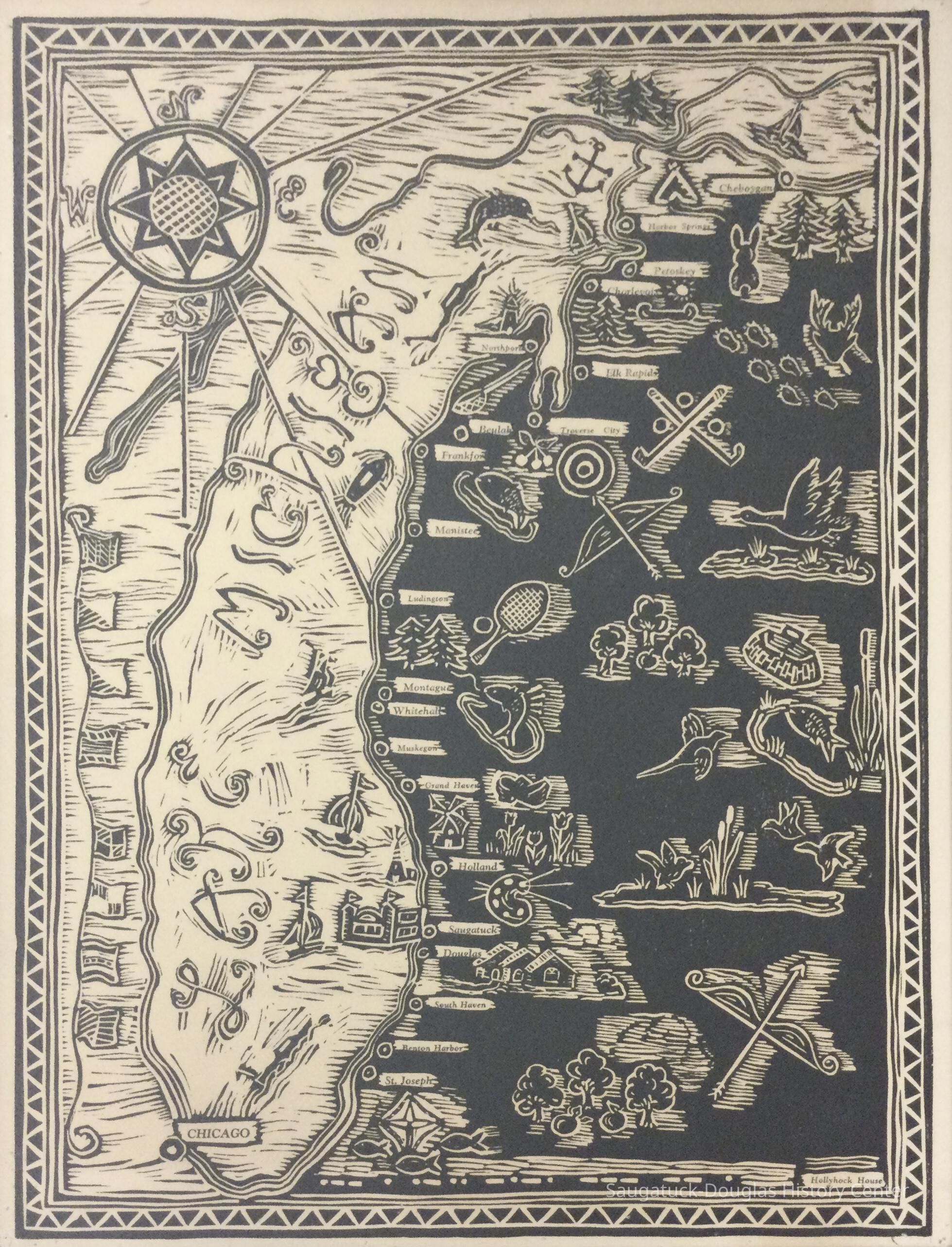          Print of Lake Michigan and cities on its coast in the lower peninsula
   