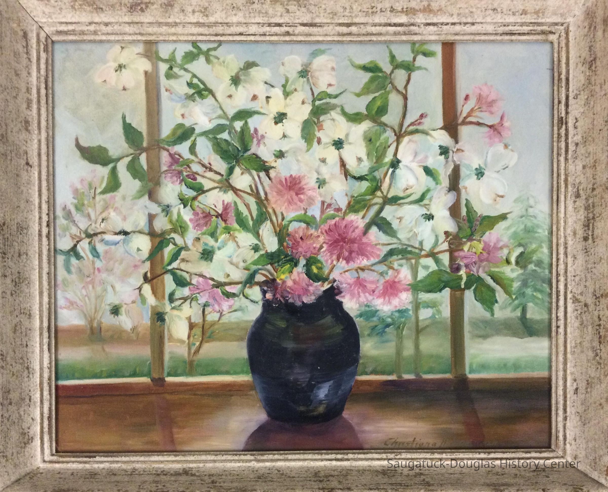          Oil painting of white dogwood flowers and branches along with pink flowers in a vase
   