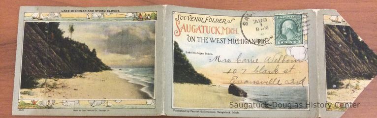          Postcard souvenir booklet. Outside used for address and mailing . Front photo is titled “Lake Michigan Beach”
   