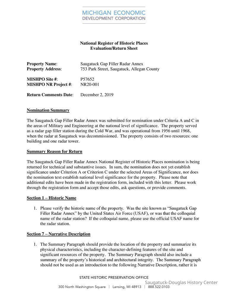 State Historic Preservation Office SHPO comments to improve the nomination. This PDF is not included on CD1