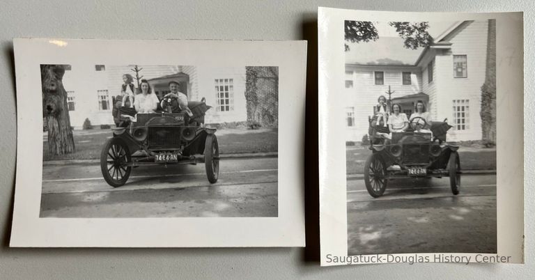          Handwritten note on back of the right-side photo identifies the people as 