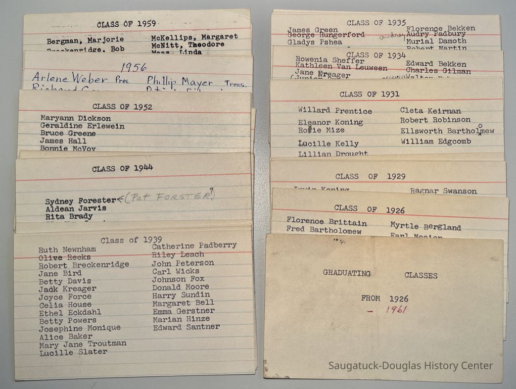 1897-1950 Saugatuck High School folder includes index cards with names of graduating class from 1926 to 1961