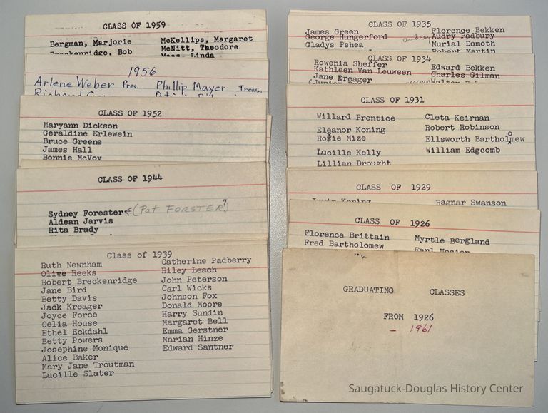          1897-1950 Saugatuck High School folder includes index cards with names of graduating class from 1926 to 1961
   