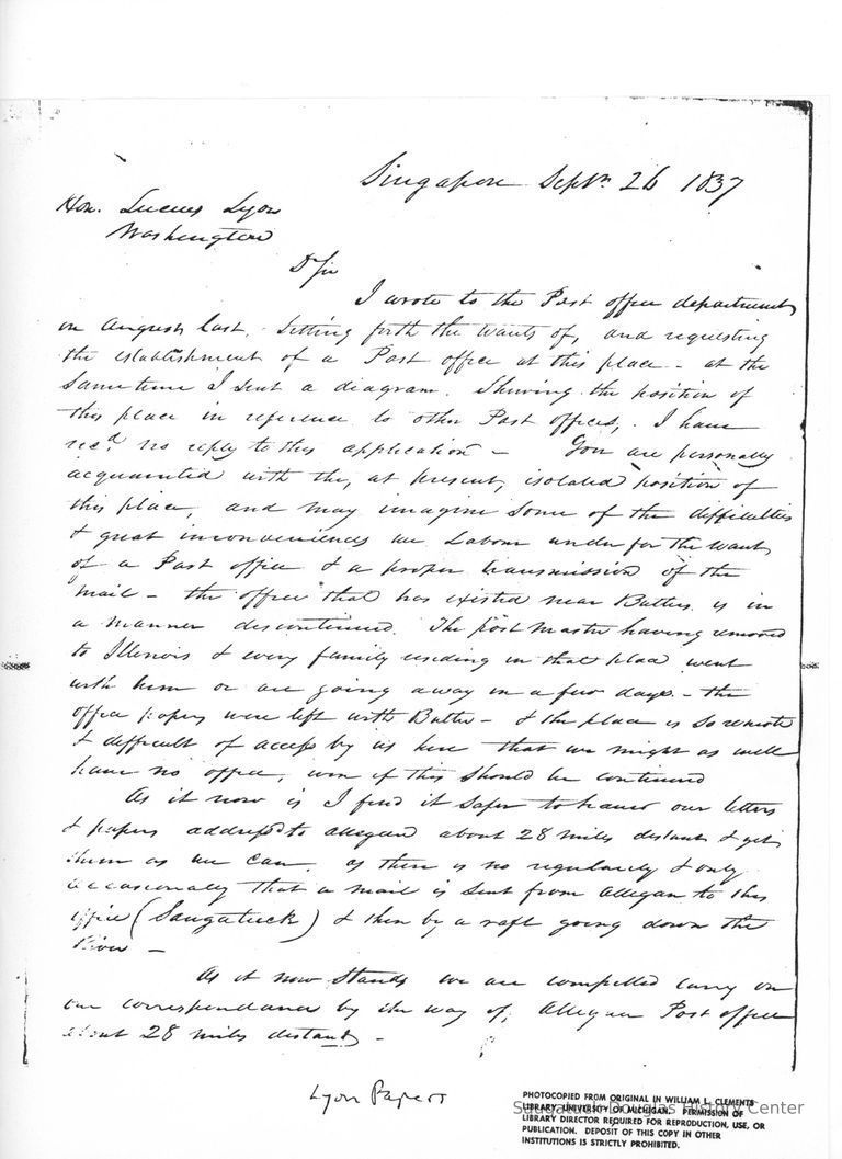          Scan of letter from Oshea Wilder to to Lucius Lyon, dated September 26, 1837; part 1 of 2
   