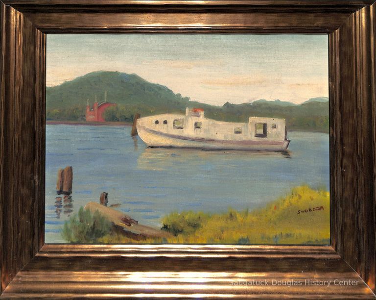          Oil painting of a fishing tug
   