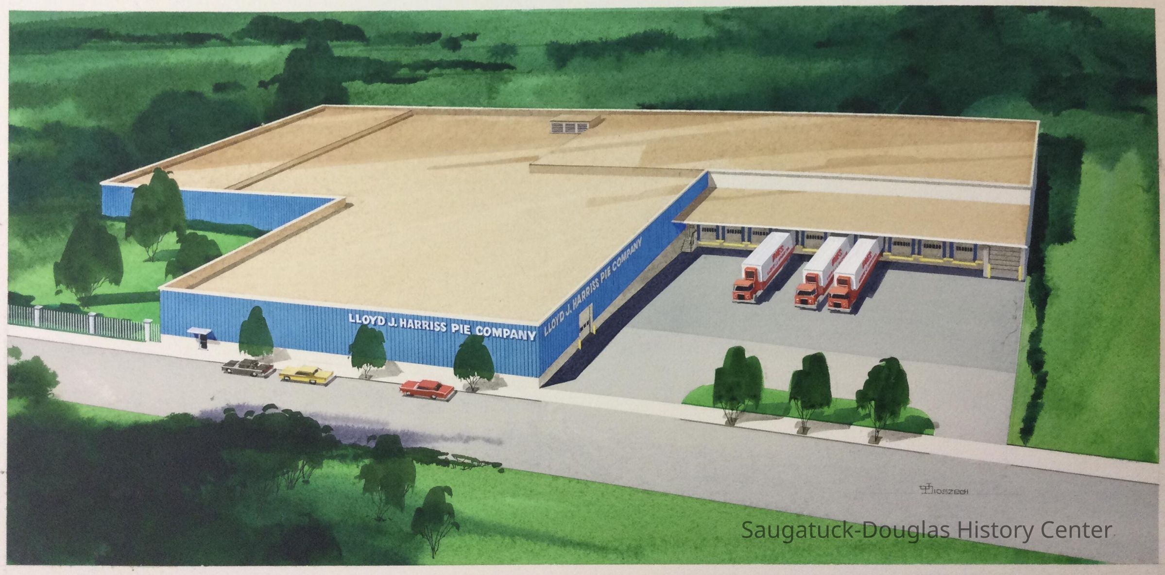 Watercolor of a pie factory