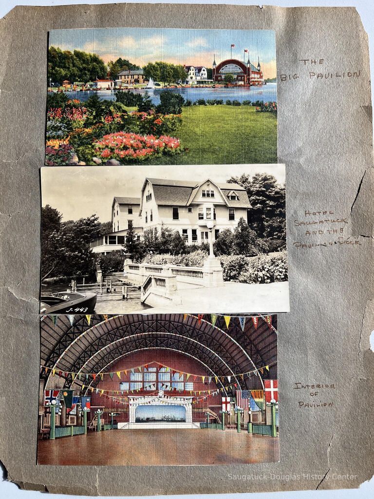          page 1 front; The Big Pavilion. Hotel Saugatuck and the Pavilion Dock. Interior of Pavilion
   