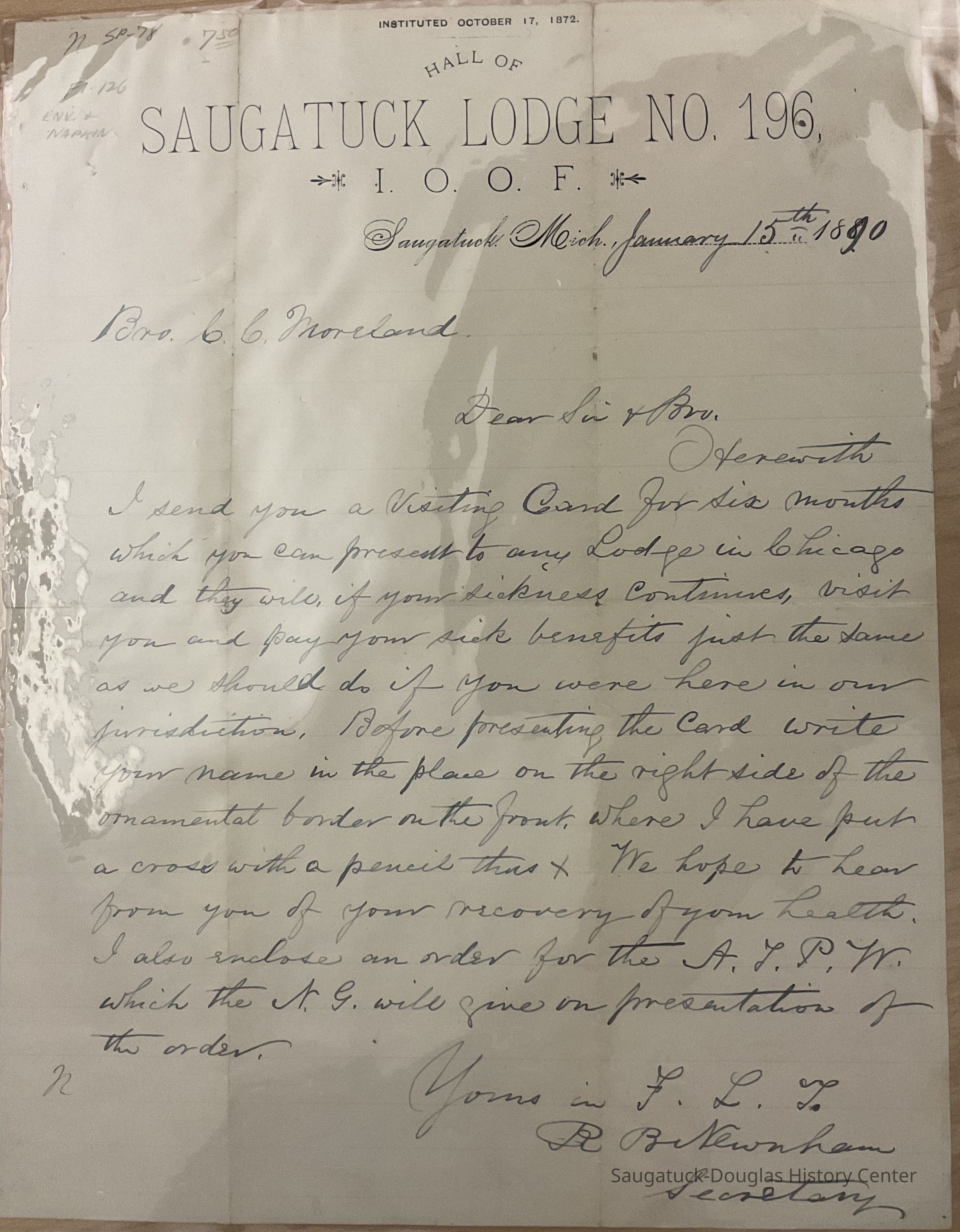 Letter, Saugatuck IOOF lodge 1890 picture number 1