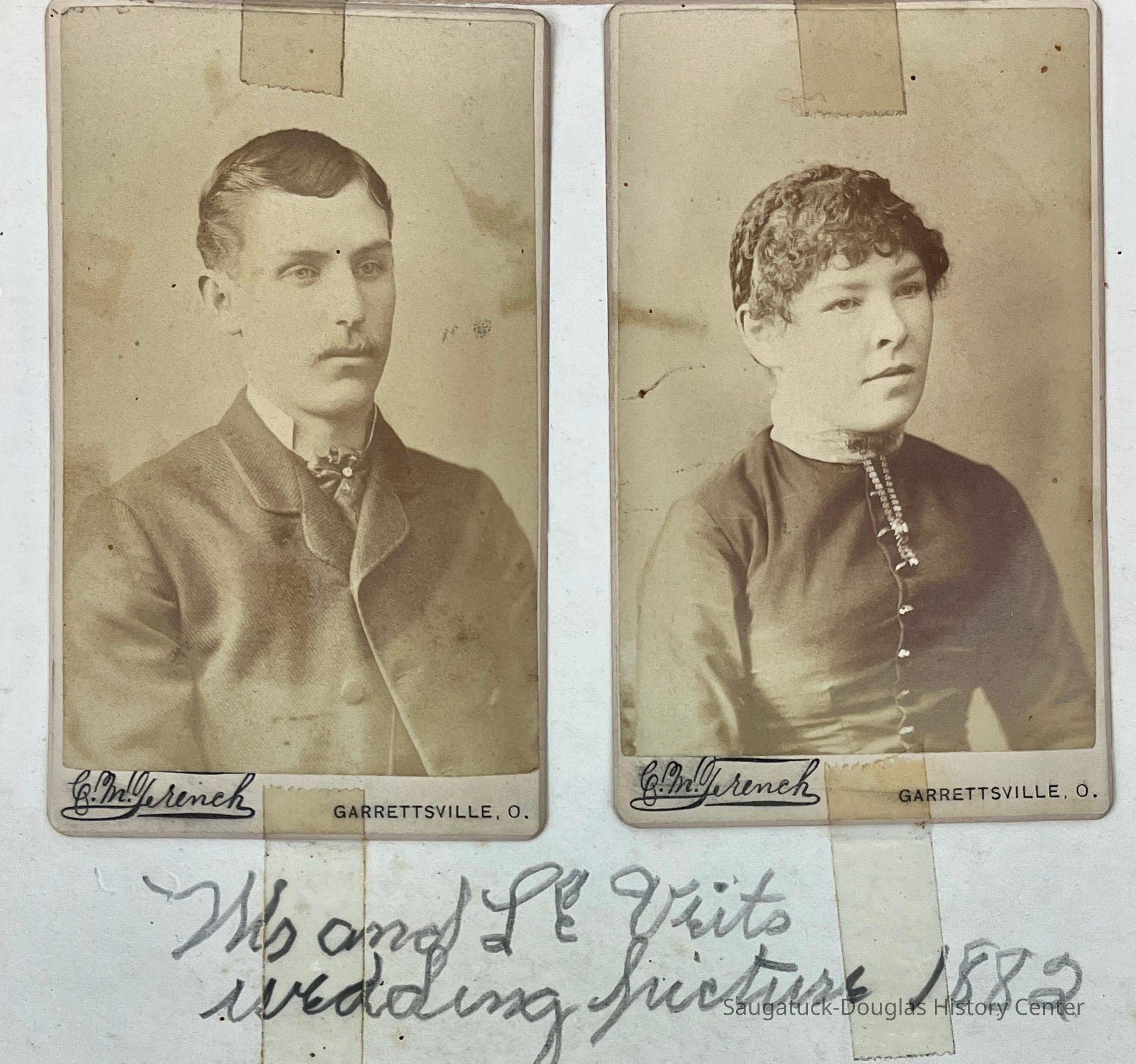 Wedding photos of Loren and Harriet Smalley, 1882 front; Located in box 145