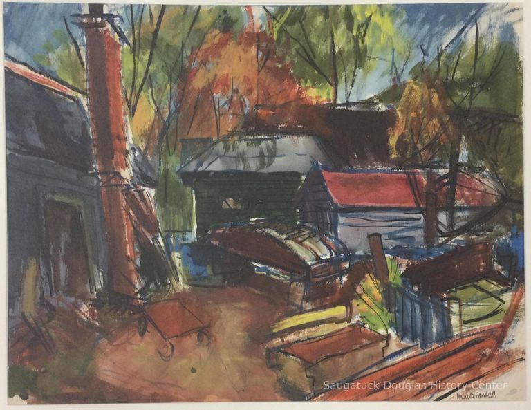          Watercolor painting of fishing shacks among trees
   