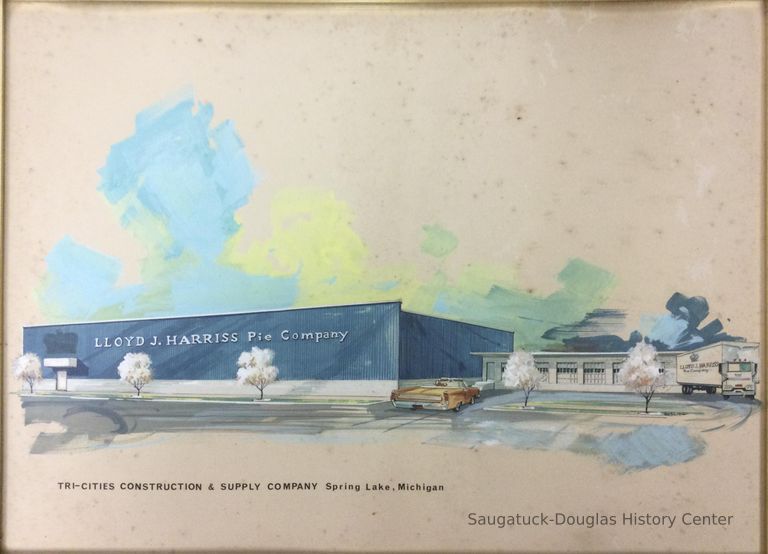          Watercolor painting of the Lloyd J. Harris Pie Company in Spring Lake
   