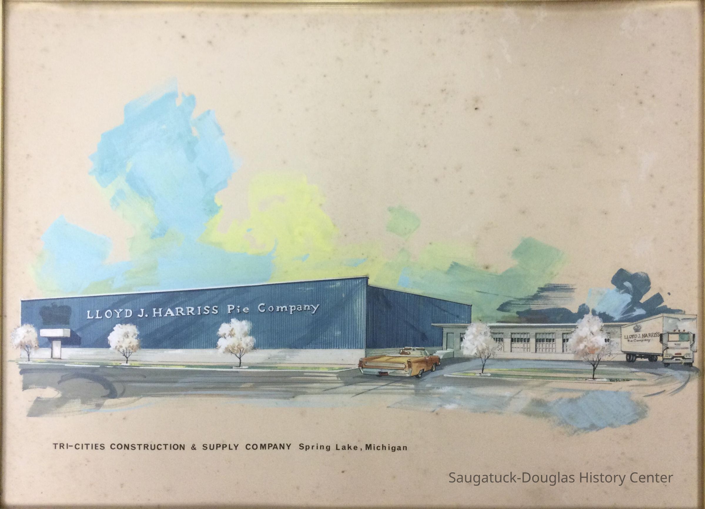 Watercolor painting of the Lloyd J. Harris Pie Company in Spring Lake