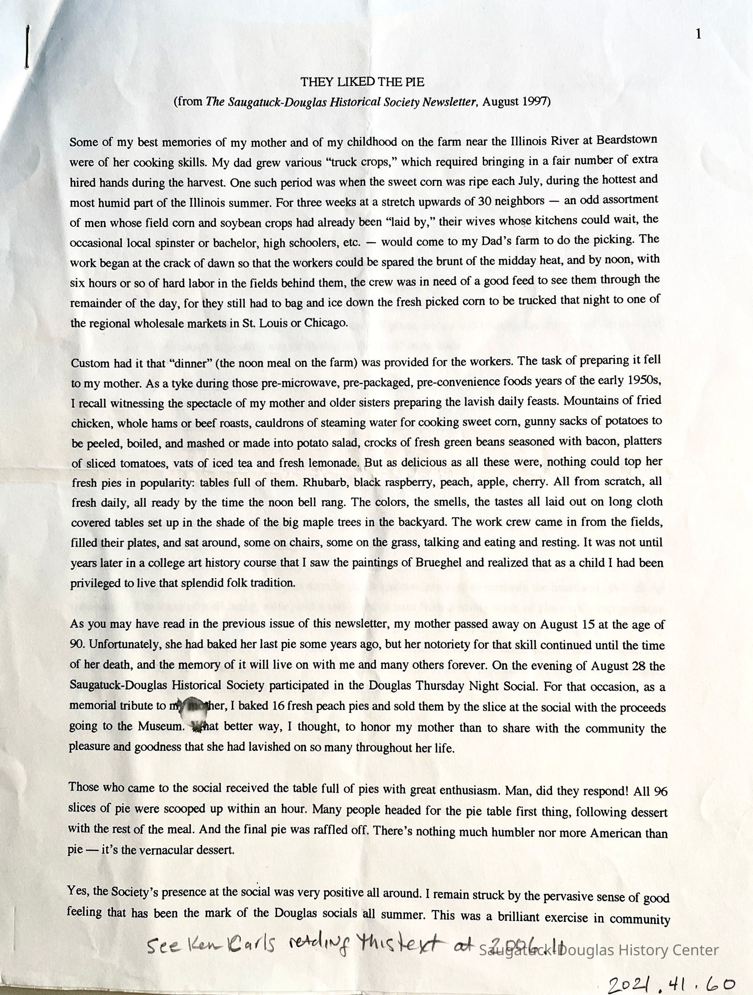          Some of my best memories of my mother and of my childhood on the farm near the Illinois River at Beardstown were of her cooking skills. My dad grew various 