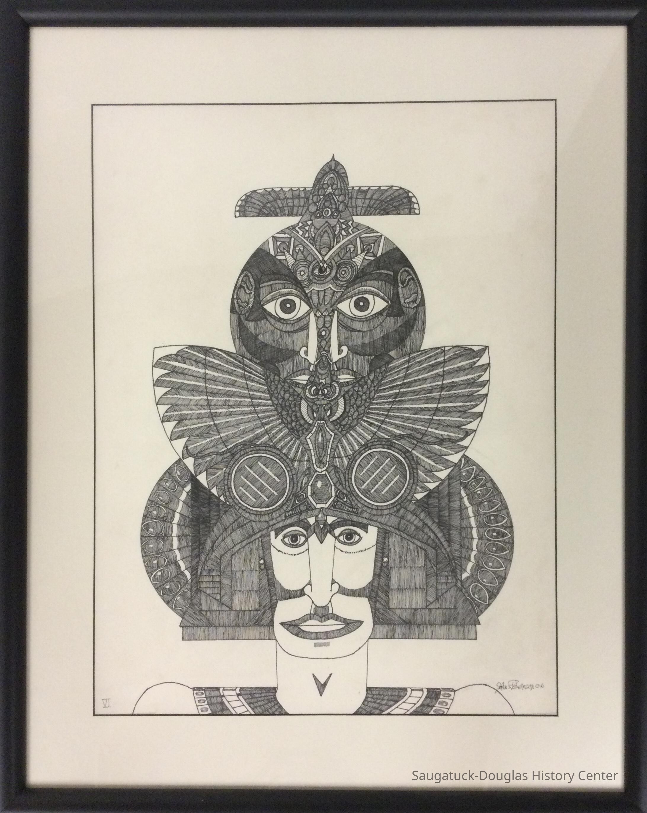 John Peterson ink drawing in the “Head” series, numbered VI