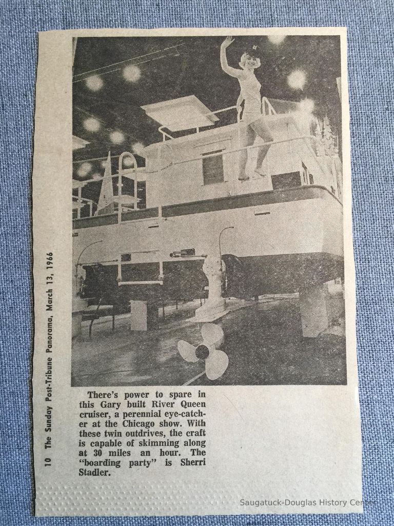          Sherri Stadler posing atop a River Queen houseboat at Chicago Boat Show; The Sunday Post-Tribune Panorama, March 13, 1966
   