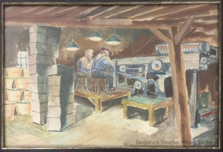          Watercolor depicting two workers at the fruit exchange
   