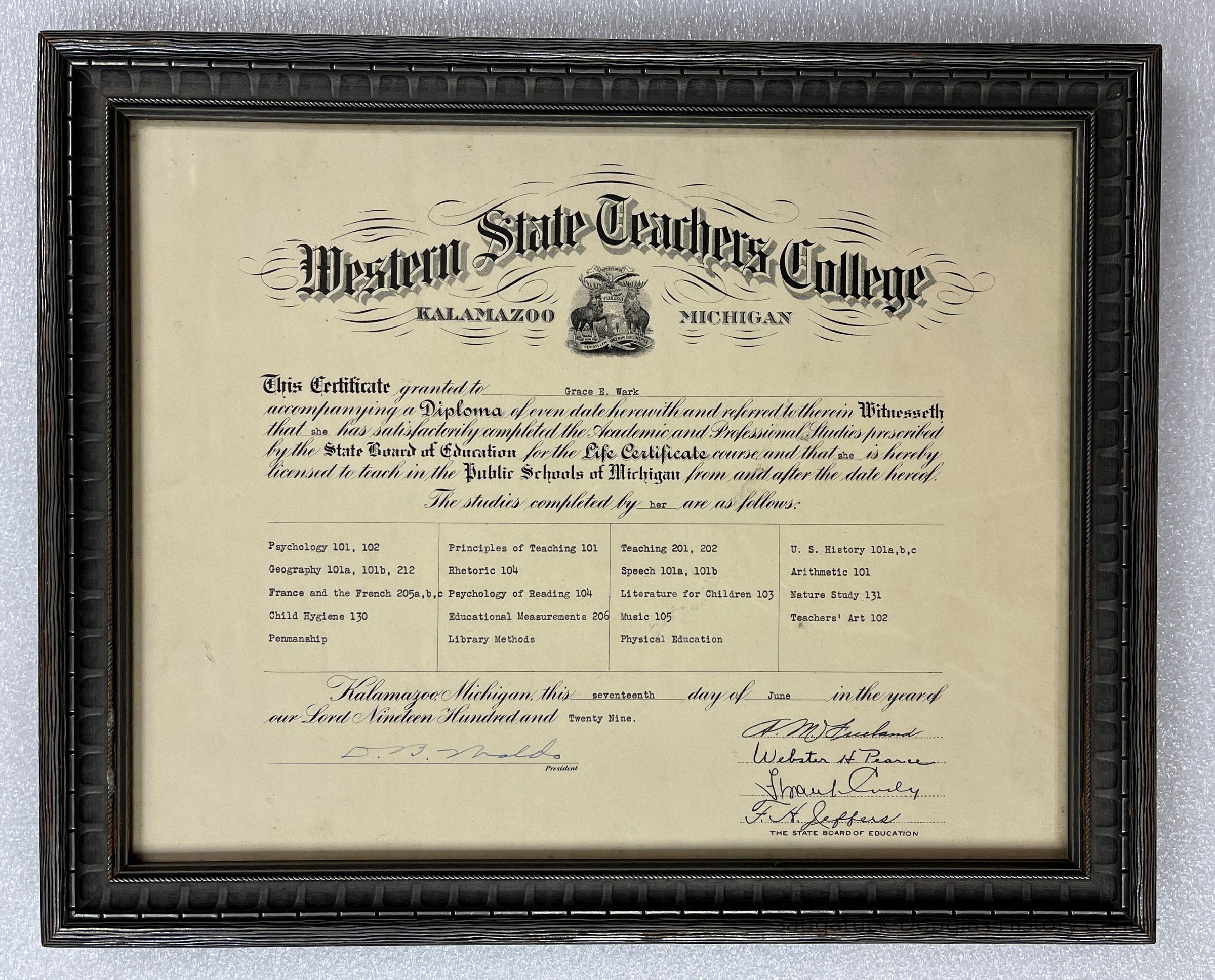          Wark Graduation Certificate for Teaching in the Michigan Public Schools picture number 1
   