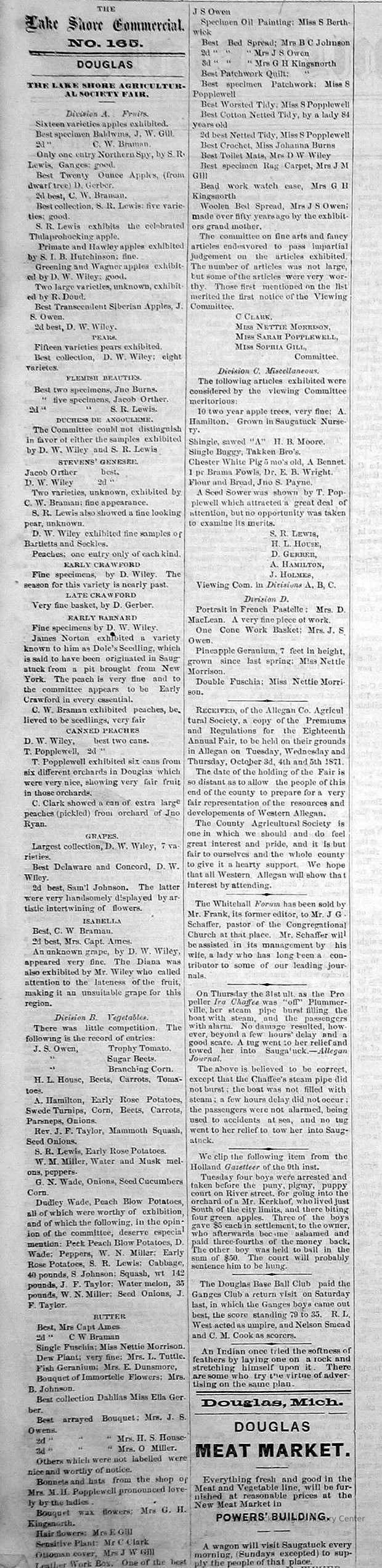          cr1871091602LakeshoreAgriculturalFair.jpg; Lake Shore Agricultural Society Fair wins for D.W. Wiley, James Norton Dole's seedling, E.L. HOuse
   