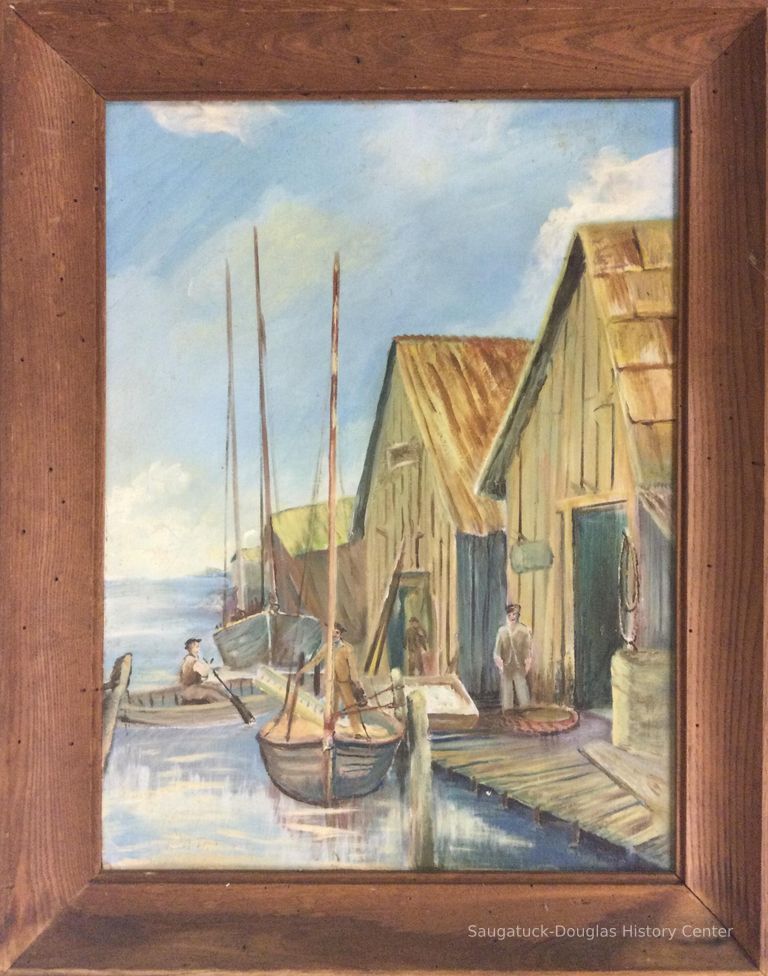          Oil painting depicting fish town
   