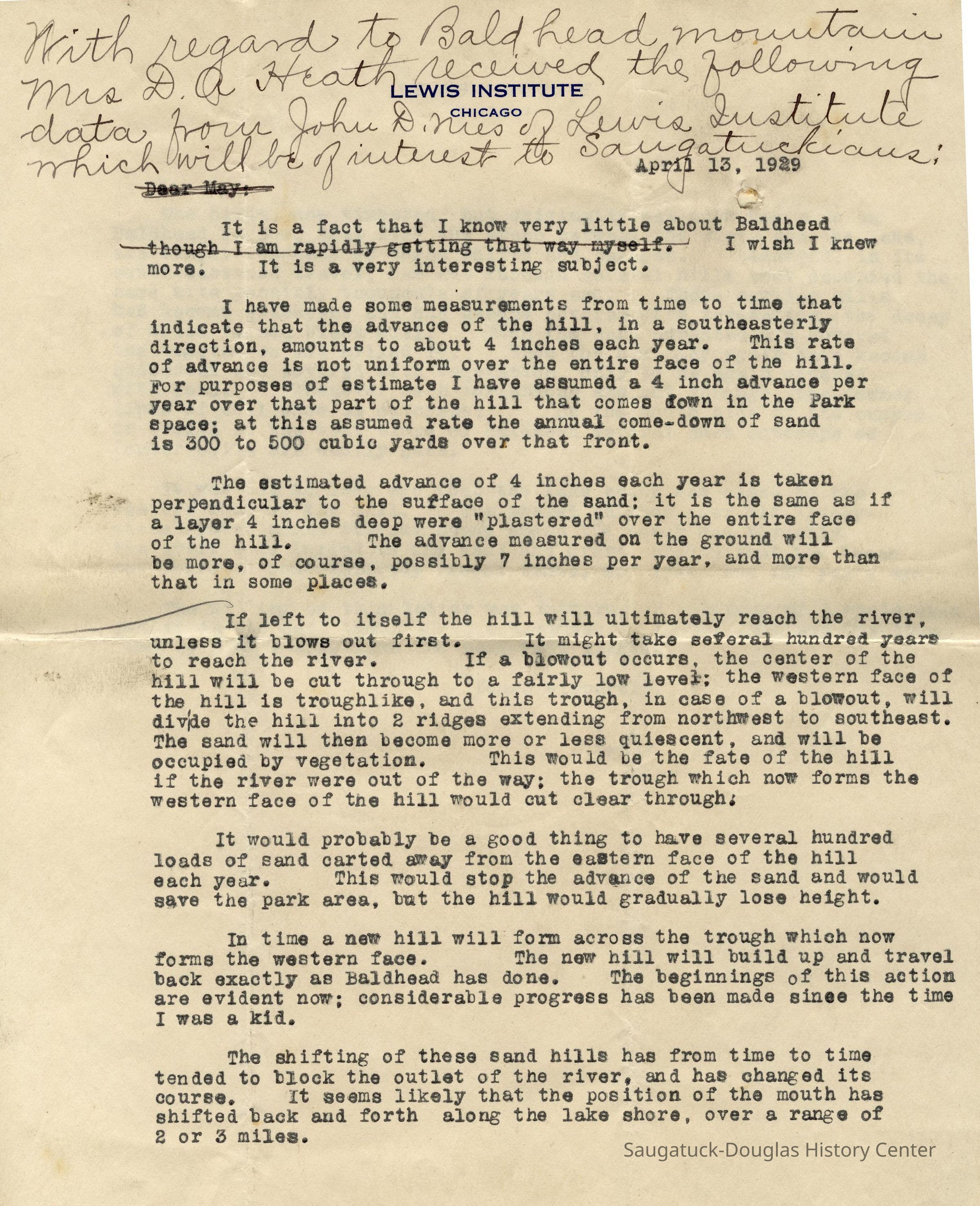 BB-1929LetterOnBaldheadSands-LewisInstitute1.jpg 4.8MB; With regard to Baldhead mountain Mrs. D.A. Heath received the following data from John D. Nies of Lewis Institute which will be of interest to Saugatuckians.